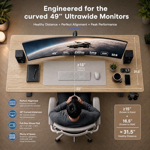 Grandder 55x32 Extra-Deep Electric Standing Desk, Wide Desktop Fits 49" Ultrawide Monitor+Dual Screens, 176 lbs Capacity, 2 Memory Presets, Anti Collision, Computer Desk for Home Office & Gaming, Oak