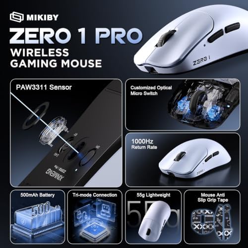 Zero1 Pro Wireless Mouse,Tri-Mode Gaming Mouse, 24K DPI Blue Mouse