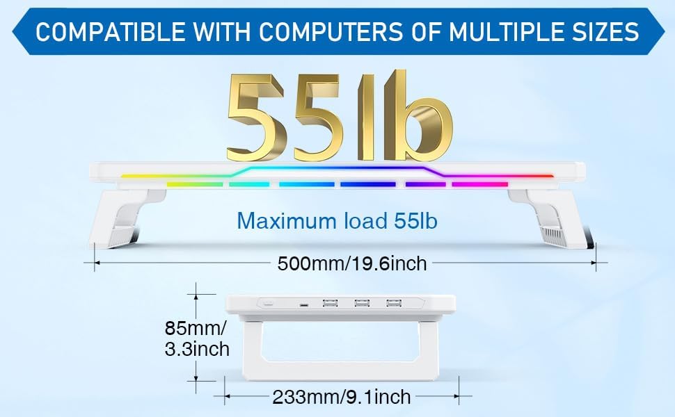 Monitor Stand Riser with USB 3.0 Hub & Type-C Port, 15W Fast Wireless Charging & RGB Lighting, Desk Organizer for Home Office PC iMac 27 Inch (White)