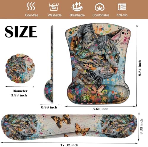Keyboard Wrist Rest and Mouse Pad Wrist Support with Lace-Shaped Coaster Set, Ergonomic Gel Memory Foam and Anti-Slip Base, Easy Typing and Pain Relief - Kitty
