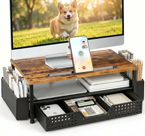 Desk Organizer and Accessories, 2-Tier Computer Monitor Stand Rise with Phone Holder, Drawer & 2 Pen Holders, Laptop & Printer Stand for Desktop, Workspace Organizers for Office Supplies (Brown Wood)