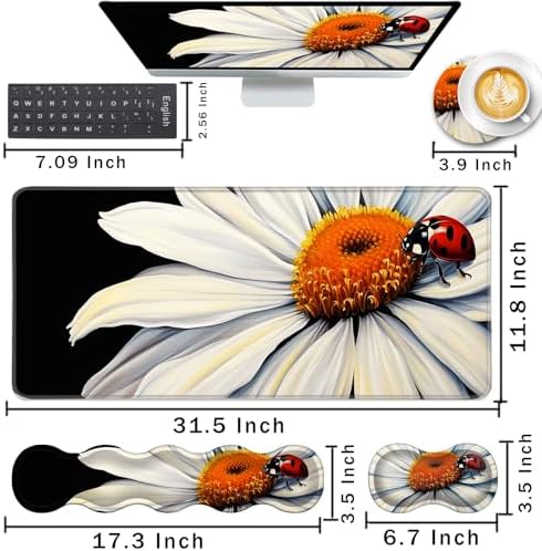 Keyboard Wrist Rest and Mouse Pad with Wrist Support Set Ergonomic Coaster,Memory Foam,Easy Typing Pain Relief,Large XL Desk Mat 31.5"x 11.8",Ladybug on Daisy Flower