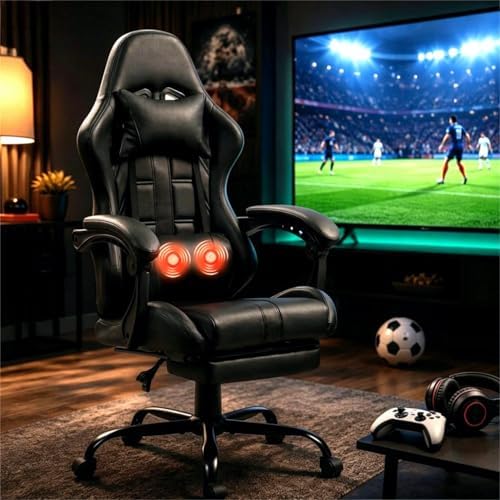 Gaming Chair with Ergonomic Footrest & Massage Lumbar Support, Black