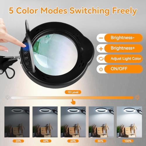 12XMagnifying Glass with Light and Stand|Magnifying Lamp with 3-Section Swing Arm,5 Color Modes LED Lighted Magnifier Lamp for Workbench (Black Ultra Long)