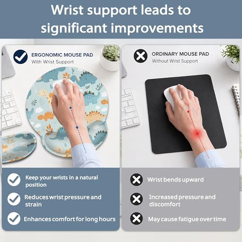 Ergonomic Memory Foam Wrist Rest Set for Keyboard and Mouse,Cute Dinosaur Supportive Mouse Pad with Non Slip Base for Office Work and Gaming