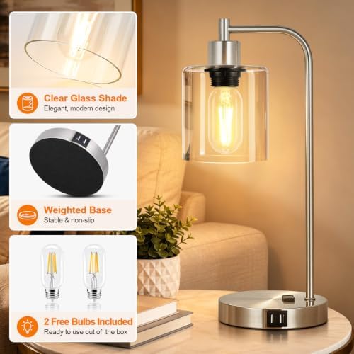 Industrial Touch Control Table Lamps Set of 2 - Brushed Nickel Nightstand Bedside Lamps with 2 USB Ports & AC Outlet, 3-Way Dimmable Desk Lamp for Bedroom Living Room, Glass Shade & LED Bulbs Included
