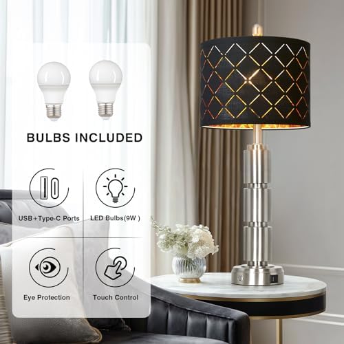 Set of 2 Modern Table Lamps for Living Room Bedroom,29" Tall Bedside Lamp with 2 USB Port,Silver Metal Touch Nightstand Lamp for Desk End Side Table Entryway,Silver