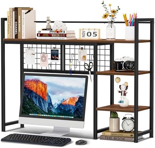 Snughome Desk Shelf, 38.6" Desktop Organizer Shelf, Desk Hutch for Computer Monitor, 4 Tier Desk Display Rack with Pegboard Hooks Set, Wood Desktop Bookshelf for Home Office Dorm