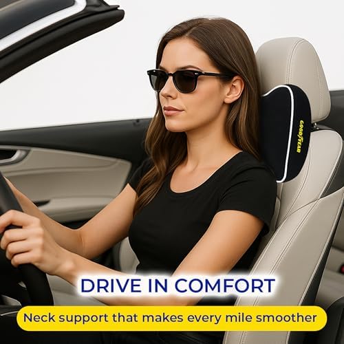 Goodyear Car Neck Pillow, Soft Memory Foam Headrest Pillow for Driving, Ergonomic Car Seat Headrest Cushion with Adjustable Strap, Breathable & Removable Cover, Neck Pain Relief, Black