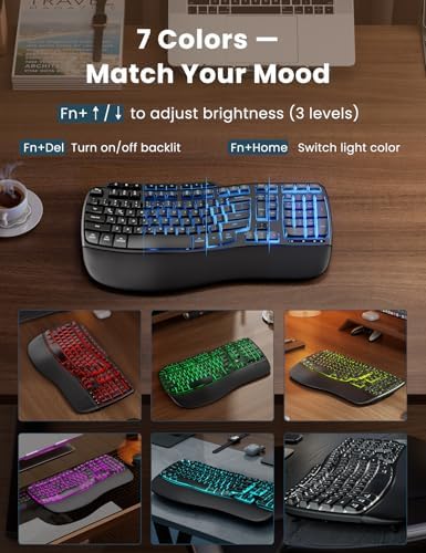 SABLUTE Ergonomic Wireless Keyboard and Mouse Combo, Rechargeable 4000mAh Backlit Keyboard with Soft Faux Lambskin Palm Rest, Wave Keys for Natural Typing, Compatible with Windows/Mac/Chrome OS