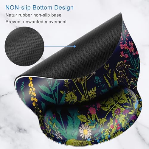 ITNRSIIET Ergonomic Mouse Pad with Wrist Support Wrist Rest Smooth Surface Non-Slip Rubber Base Comfortable Office Supplies Pain Relief, 9.8 x 9.1 inches, Wild Flower