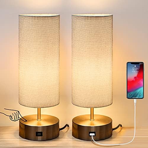 Haian Support 3-Way Dimmable Touch Control Table Lamp with USB Charging Port Set of 2,Modern Nightstand Bedside Desk Lamp with Grey Fabric Lampshade for Living Room,Bedroom,Study Room,LED Bulb Include
