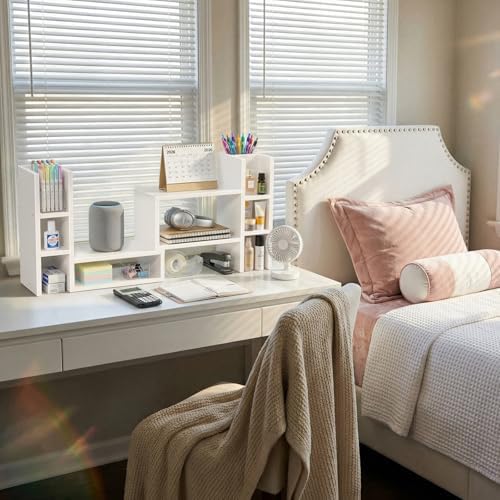 NUTIKAS White Desktop Bookshelf Adjustable Desk Organizer Shelf - Corner Wood Tabletop Storage Display Rack with 6 Cubbies and Pen Holder, Small Hutch for Office Supplies & Dorm Room Decorations