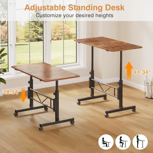 VECELO Small Standing Desk Adjustable Height, Mobile Computer Workstations with Wheels, Portable Rolling Laptop Table for Walking Pad, Home Office, Rustic Brown