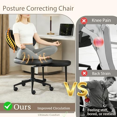 Ergonomic Cross Legged Chair, Meditation Chair Plus with 360° Swivel Wheels for ADHD/Fidgety Sitters, Height Adjustable & Lumbar Support, Black PU, Chic Home Office Furniture