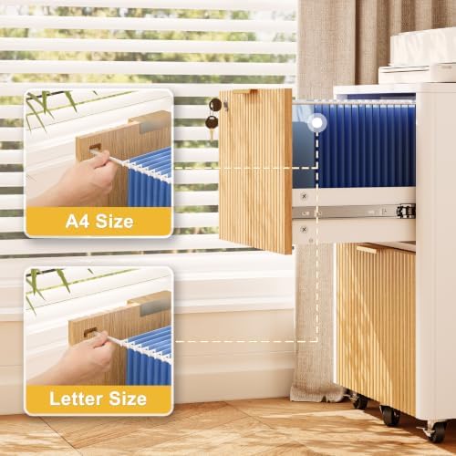2 Drawers Fluted Mobile File Cabinet with Lock, Rolling File Cabinet Printer Stand Table, Under Desk Wooden Filing Cabinets for Home Office Essentials Storage Organization Furniture Letter/Legal/A4