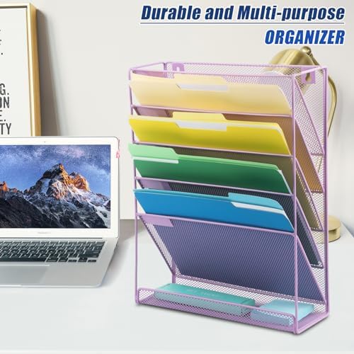 EASEPRES Desk File Organizer Mesh 6 Tier, Hanging Wall Mount Document Organization Stand, Desktop Vertical Mail Paper Folder Holder Rack with Bottom Tray for Office Home Cubicle, Light Purple