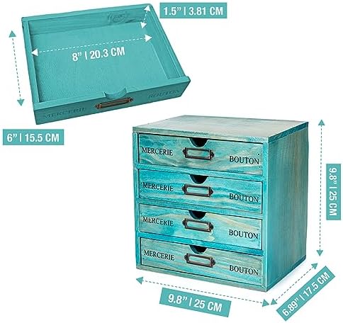 Turquoise 4-Tier Drawer Unit - Teal European Country Style Desk Organizer Box - 9.7x7x10 Wooden Stackable Drawers - Countertop Organizer Drawers w/Label Holder - 4-Level File Drawer Unit
