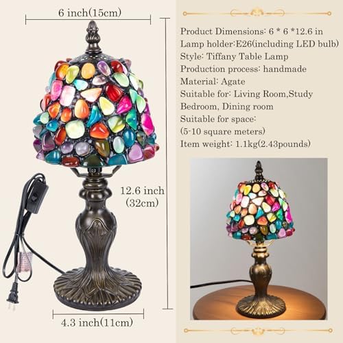 Small Tiffany Table Lamp, 3 Color-Temperature Agate Amber Stained Glass Lamp,6 Inch Tiffany Style Lamp for Bedroom Living Room Home, Handcrafted Light, Included Bulb