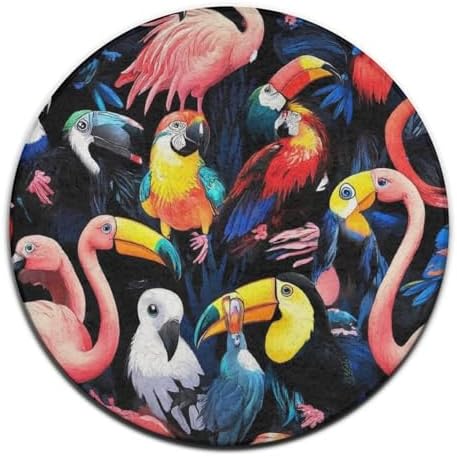 Large Round Area Rug Home Decor Modern Bathroom Rug Kitchen Office Circle Rug for Living Room Sofa Circle Cute Mat Exotic Birds Parrot Flamingo Art, 36inch