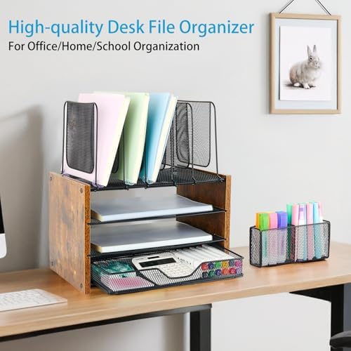 OPNICE Desk Organizer, 4-Tier Desktop File Organizer with Drawer and Pen Holders, Office Desk Accessories, File Sorters, Workspace Organizers for Office Supplies(Brown)