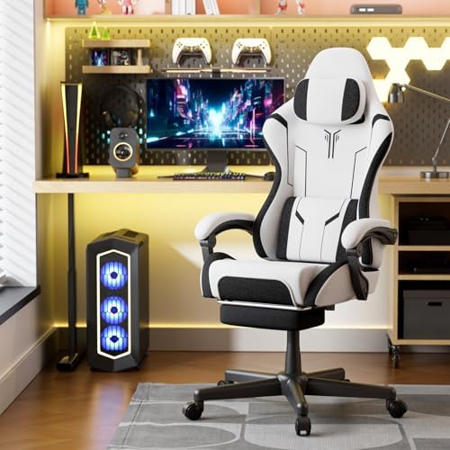 Ferghana Breathable Fabric Ergonomic Gaming Chair, Ergonomic High Back Gamer Chair with Footrest and Linkage Armrest, Office Computer Video Game Chair for Adult, White/Black