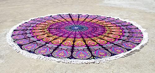 Round Beach Tapestry Turquoise Mandala Throw/Boho Hippie Beach Blanket Roundie/Indian Cotton Bohemian Large Round Table Cloth-Home Decor/Yoga Mat Meditation Picnic Rug (70", Pink And Yellow)