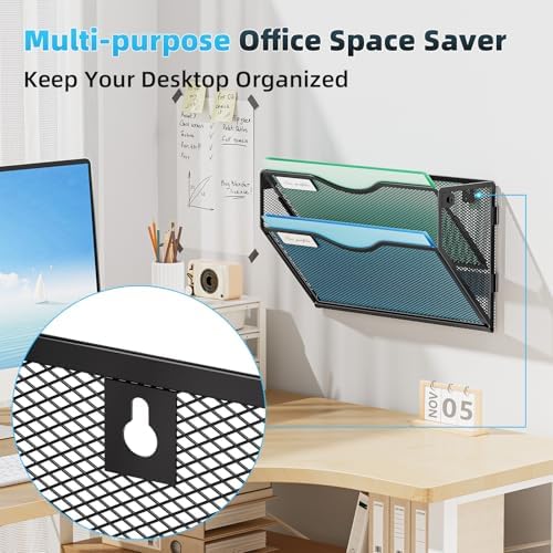 Marbrasse Wall File Holder 2-Tier Hanging Wall File Organizer, Mesh Mail Holder for Papers, Wall Mount File Clipboard & Magazine Organizer Great for Office Home - 2P