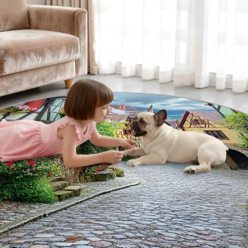 Munich Round Area Rug - 2.6ft Washable Vintage Town Round Rug for Kitchen, European Landscape Circle Rugs Soft Non-Slip Carpet for Bathroom Entryway Decor Mat