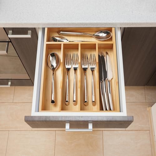 Umilife Bamboo Kitchen Drawer Organizer, 11 Inch Silverware Utensils Tray Holder with Grooved Dividers, 2.4" High Wood Caddy for Flatware Cutlery Knives
