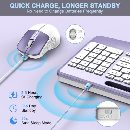 Rechargeable Silent Wireless Keyboard and Mouse Combo, Ergonomic Wrist Rest & Phone Tablet Holder, USB-C Adapter Included, 2.4G Lag-Free Cordless Set for Windows Mac Laptop PC Home Office (Purple)