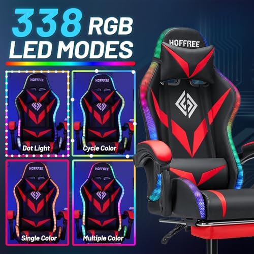 HOFFREE Gaming Chair with LED RGB Lights Massage Ergonomic Video Game Chairs with Footrest High Back Reclining Computer Chair with Adjustable Lumbar Support Red and Black