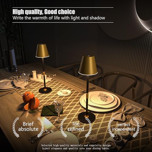 Timjorman 1-Pack Cordless Table Lamps - 5000mAh Rechargeable Battery Operated Desk Lamp, 3-Level Dimmable LED Night Light for Bedroom, Dining, Restaurant - Metal Design(Gold&Black-1Pack)