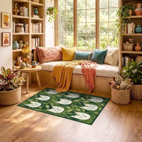 3'x5' Green Cat Forest Faces Interlinked by Ultra-Soft Throw Mat