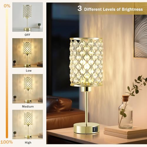 GyroVu Gold Crystal Bedside Table Lamps Set of 2 with USB C+A Ports
