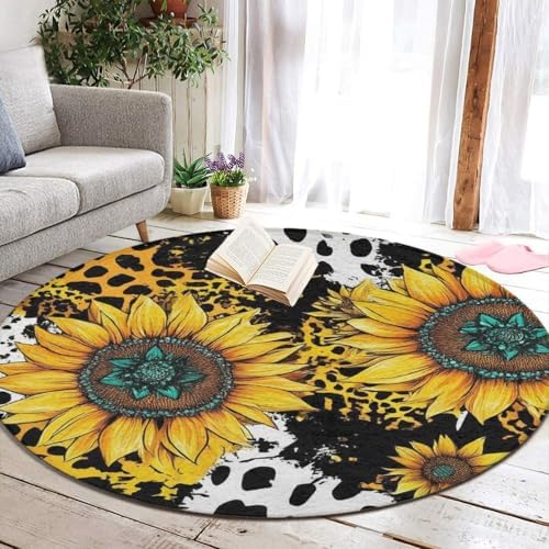 Machine Washable Modern Round Area Rug, Room Sofa Yoga Soft Round Carpet, Home Decor Non Slip Kitchen Office Circle Rug Retro Sunflowers Animal Leopard Print Art, 36inch