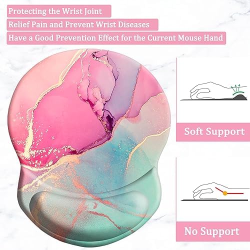 Ergonomic Mouse Pad with Support - Comfortable Wrist Rest, Non-Slip PU Base for Home Office, Studying, Gaming (Pink Green Marble)