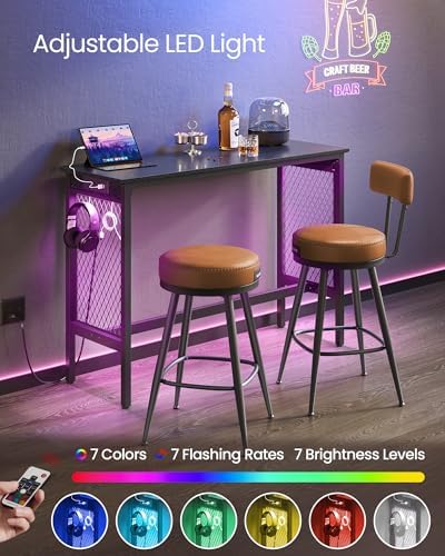 VASAGLE Bar Table with Power Outlets, LED Lights, Computer Desk, 47.2" L