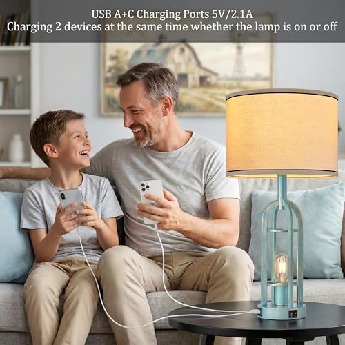 SRJJA 24" Farmhouse Table Lamps for Living Room Bedroom Set of 2, USB A+C