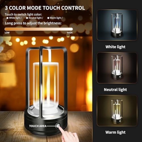Portable Metal Table Lamp, 4000 mAh Outdoor Table Lights Rechargeable, 3 Color Stepless Dimmable Battery Operated Lamp for Patio, Camping, Bar Samll Desk Lamp for Indoor/ Outdoor (Black)