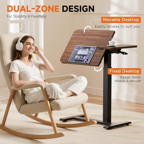 COMHOMA Tiltable Mobile Small Standing Desk, Pneumatic Adjustable Height Overbed Bedside Table with Wheels, Sit Stand Portable Rolling Laptop Desk Computer Workstations, Walnut