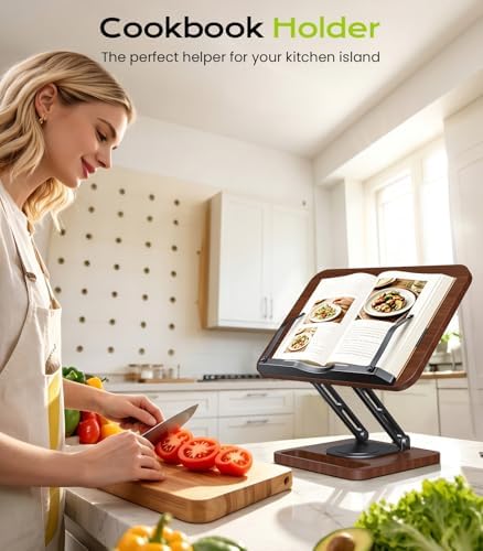 LOXP Book Stand with Storage, 360° Rotating Cookbook Stand, Ergonomic
