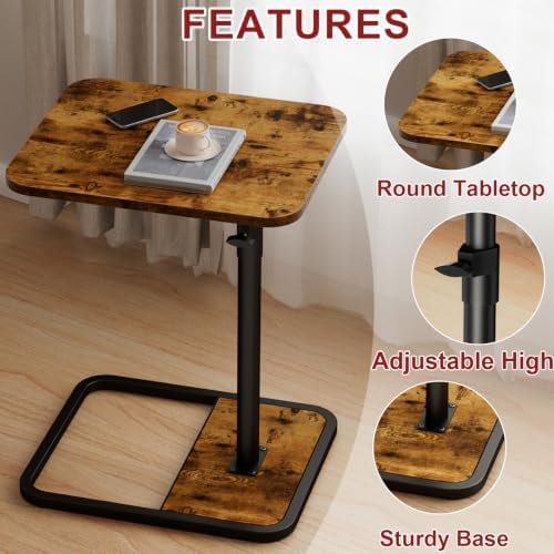 GOYLSER Large C-Shaped Tables Small Swivel End Table, Height Adjustable Side Tables Living Room, Rotating Snack Couch Wooden Tv Trays for Eating On Couch, Rustic Brown