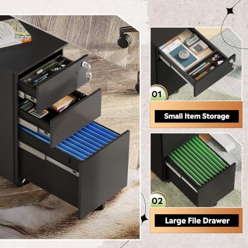 DEVAISE 3 Drawer Mobile File Cabinet, Fully Assembled Metal Filing Cabinet