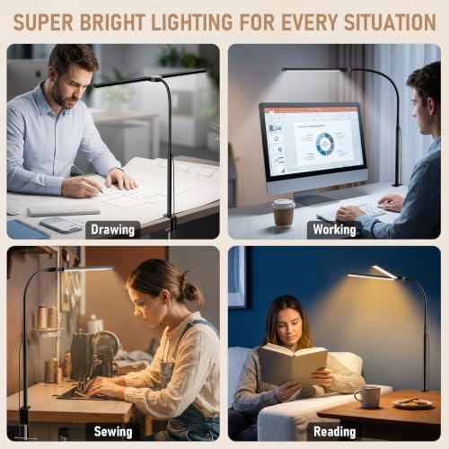 Voncerus LED Desk Lamp for Home Office, Double Head Desk Light with Clamp