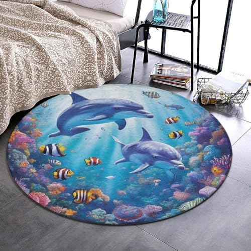 Home Decor Non Slip Kitchen Office Circle Rug, Machine Washable Modern Round Area Rug, Room Sofa Yoga Soft Round Carpet Sea Underwater Beautiful Sea World Dolphins, 24inch