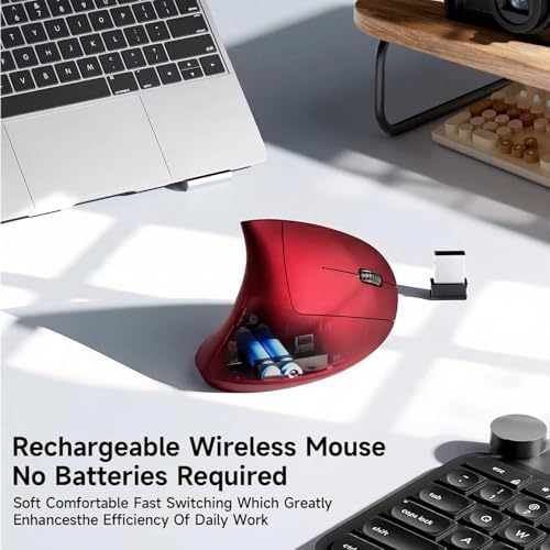 Ergonomic Vertical Wireless Mouse Stylish Rechargeable 2.4G Optical Mice Cordless Mouse with USB Receiver, 800/1200 /1600 DPI, 5 Buttons for Laptop,PC,Mac,Computer (Red)