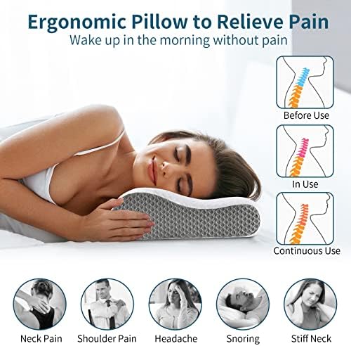 Neck Pillow Memory Foam for Pain Relief Bed Pillow for Sleeping, Ergonomic Orthopedic Cervical for Neck and Shoulder Pain, Side Back Stomach Sleeper(White&Grey)