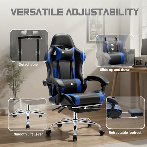 NEWBULIG Gaming Chair with Footrest – Ergonomic High-Back with Lumbar & Headrest Support, Comfy PU Leather Recliner with Linkage Armrests, Adjustable Height, 360° Swivel, Blue