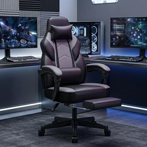 Gaming Chair for Adults, Grey Video Game Chair with Footrest, Big and Tall Gaming Chair Heavy Duty Computer Chair with Massage Lumbar, Ergonomic Adjustable Height and 360° Swivel, PU Leather, Grey